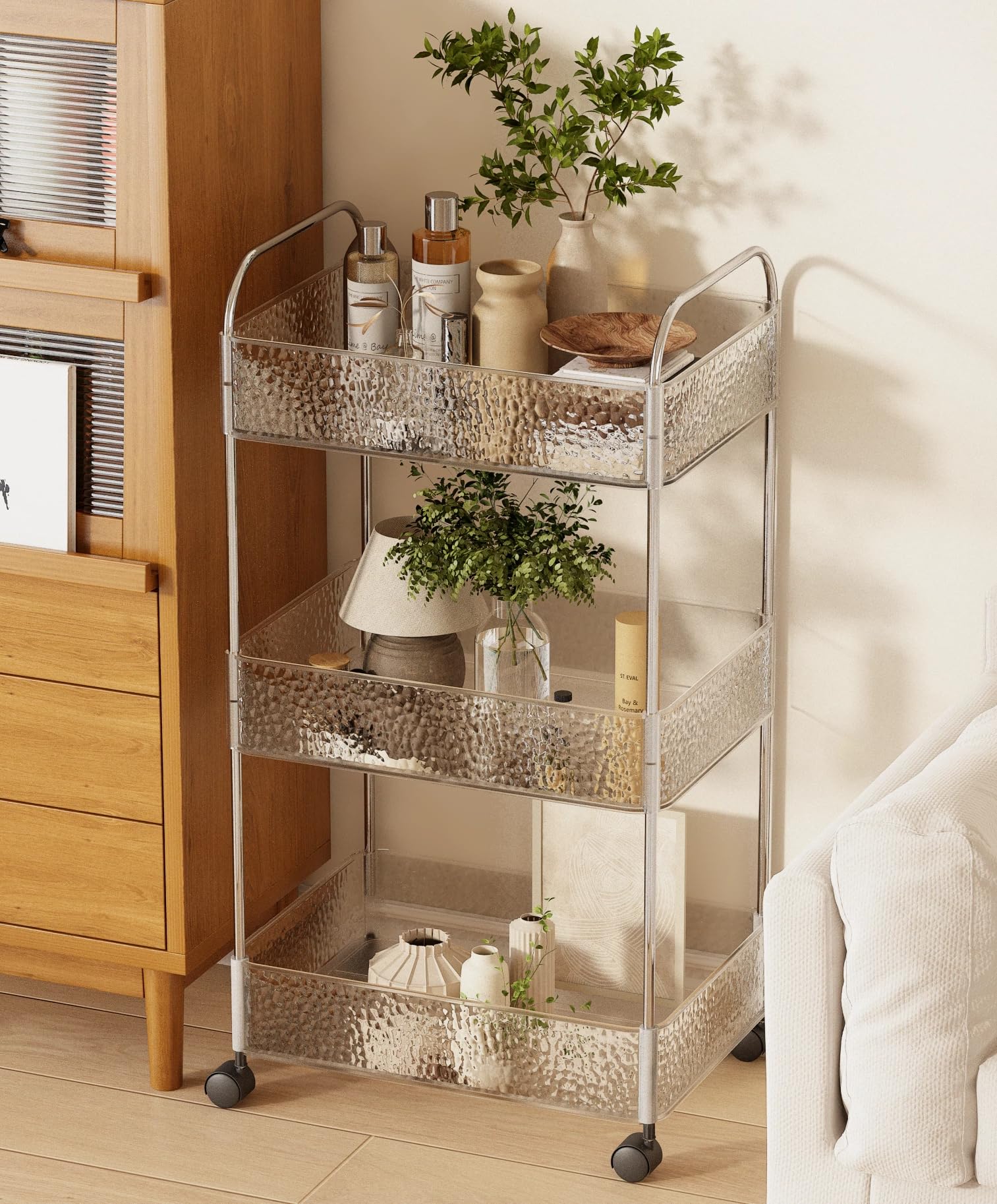 CraftGenes 3-Tier Slim Storage Trolley on Wheels, 36x20x71cm Bathroom Storage Cart with Lockable Wheels, Stainless Steel Frame & U-Handle for Bathroom, Bedroom, Office