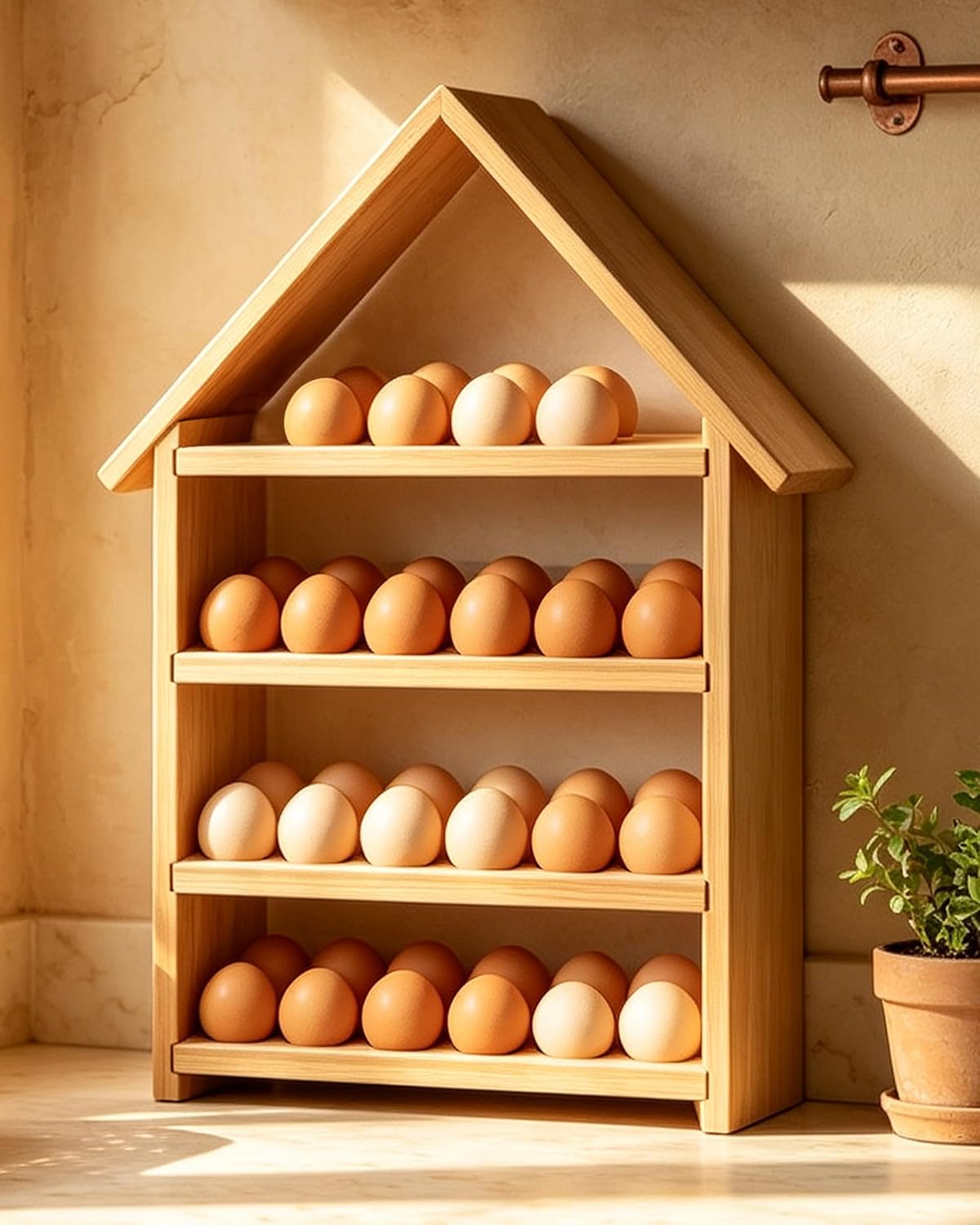 Egg Holder Countertop & Wall Mount, 4-Tier Wooden Egg Rack, Holds 44 Fresh Eggs, Pull-Out Trays, Farmhouse Pine Organizer Egg Storage Unit, for Wall Decoration, Festival Display, and Gifts