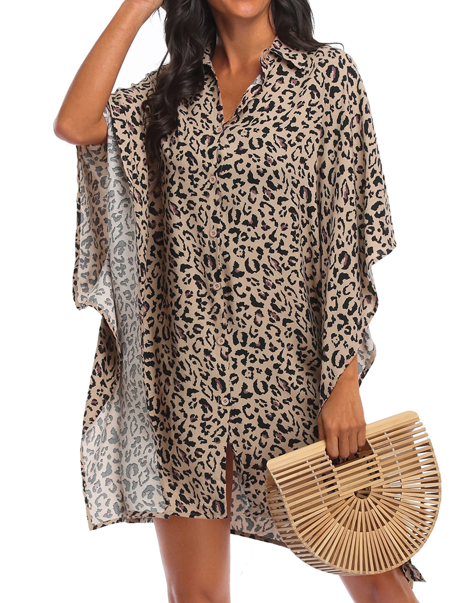 Ekouaer Women's Swimsuit Cover Up 3/4 Sleeve Beachwear Bikini Coverups Button Down Oversized Cover Up Shirt S-3XL