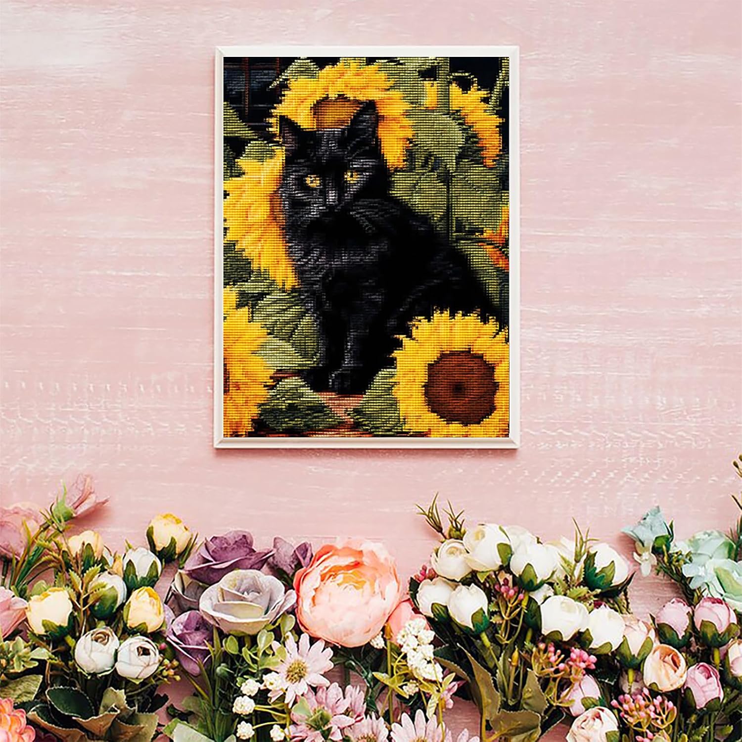 KFBXZIP Black Cat and Sunflower DIY 11CT Stamped Cross Stitch Kit for Beginners Easy Needlepoint Embroidery Counted Cross Stitch Art Craft for Wall Decoration, 12x16 inch