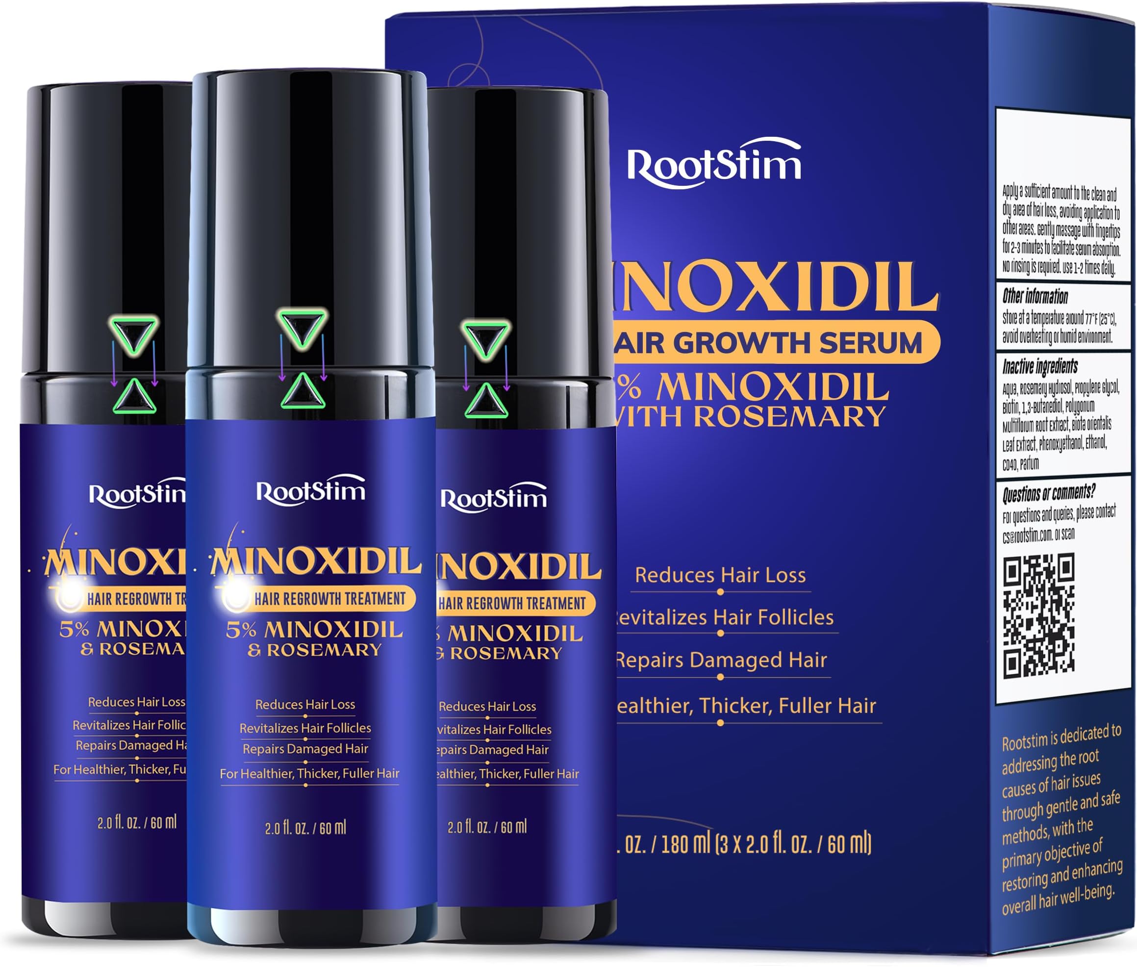 5% Minoxidil Hair Growth for Men and Women: 3-Pack RootStim Extra Strength Minoxidil with Rosemary for Thinning Hair Regrowth and Fuller Hair 180 ML