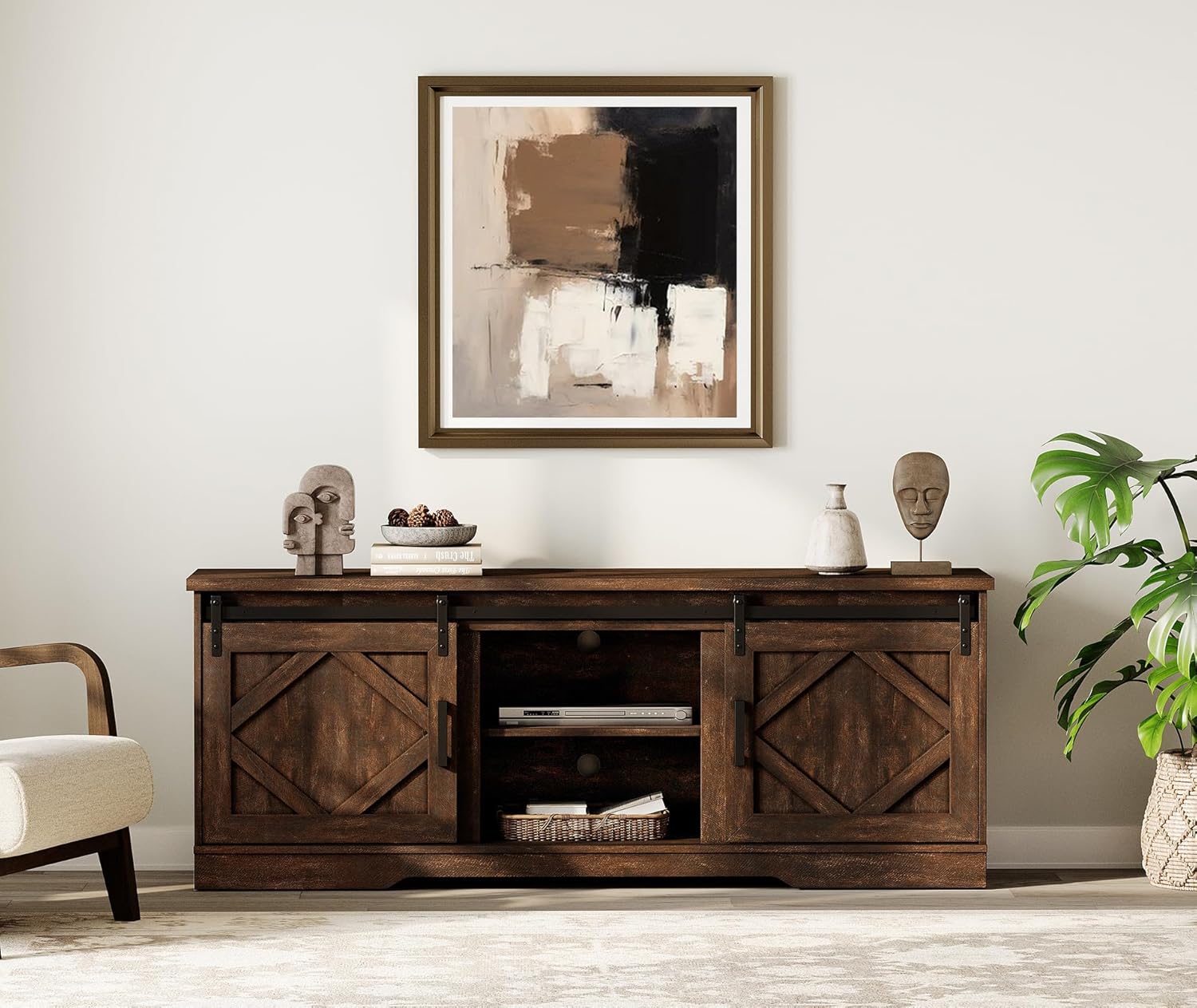 WAMPAT Modern Farmhouse TV Stand for TVs up to 75" with Sliding Barn Doors, 25.6" H Wood Entertainment Center with Adjustable Media Storage Shelf for Living Room, Dark Walnut Brown