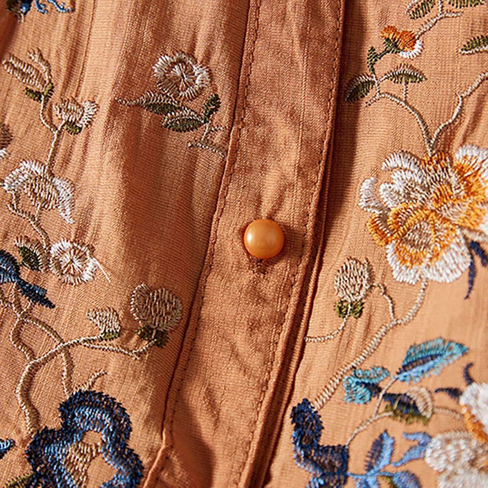 Linen Tops for Women Retro Embroidered Tunic Flowy 3/4 Sleeve Boho Shirts Casual Dressy Peasant Gauze Blouse