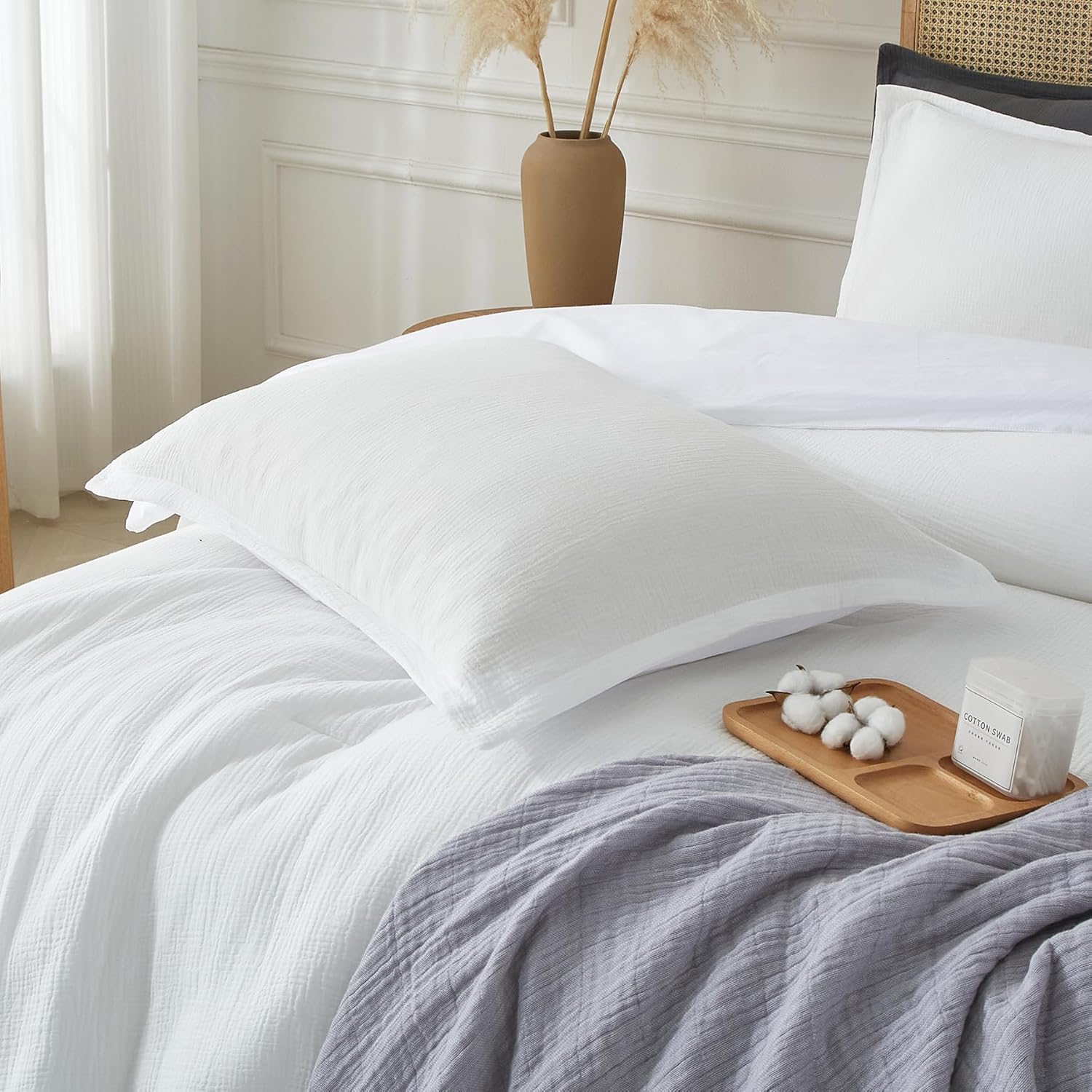 Muslin Comforter Set Queen Size, Cotton Cover & Polyester Filling, Breathable & Linen Like & Suitable for All-Season Use,3 Pieces(1 Comforter 90"x90", 2 Pillow Shams 20"x26"), White - Image 2