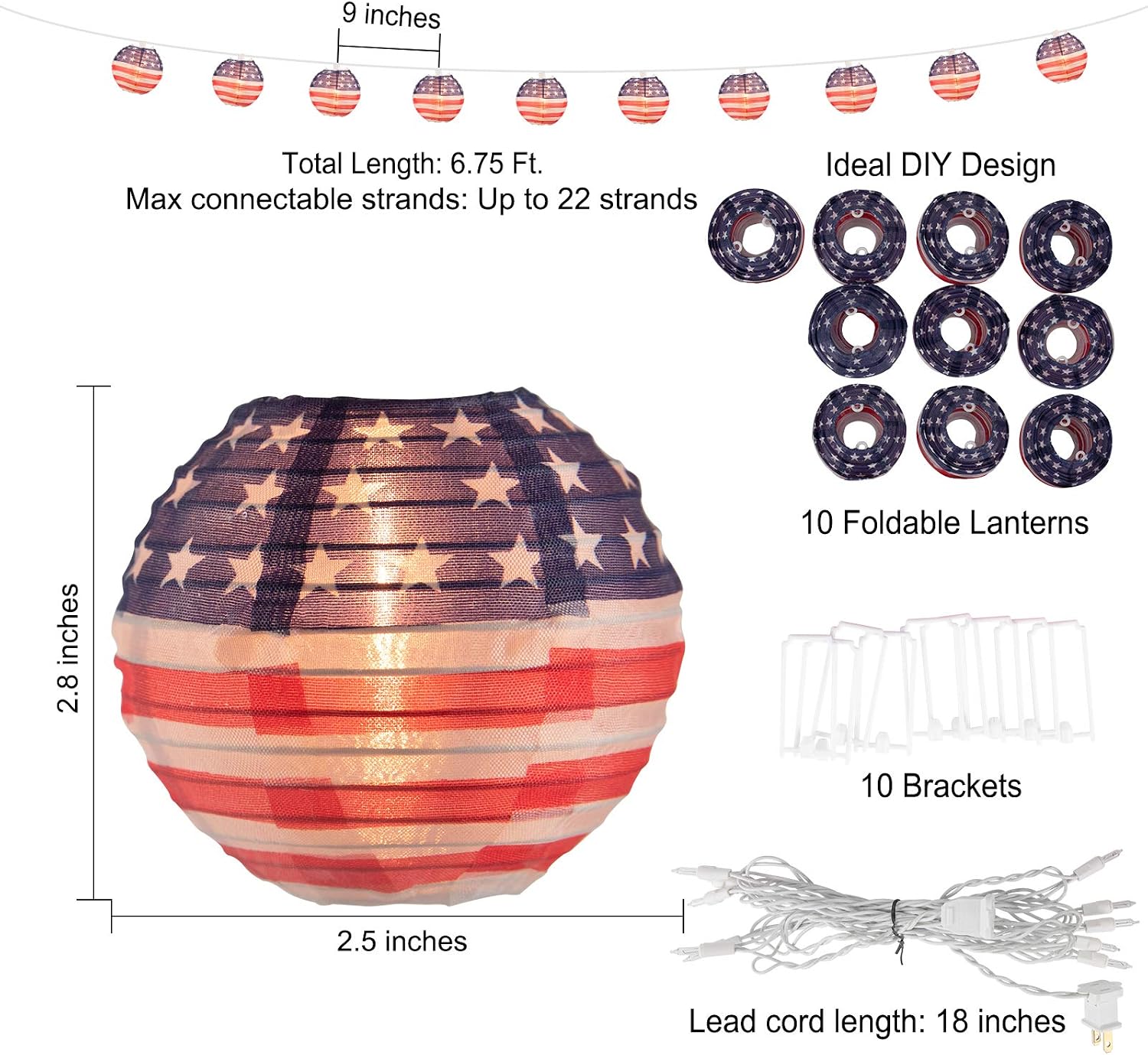 American Flag Lantern Lights, 6.7 Feet 10 Nylon Mini Hanging String Lights of The United States, Outdoor Waterproof Connectable Hanging Ornaments for Independence Day, Yard Garden July 4th Decoration