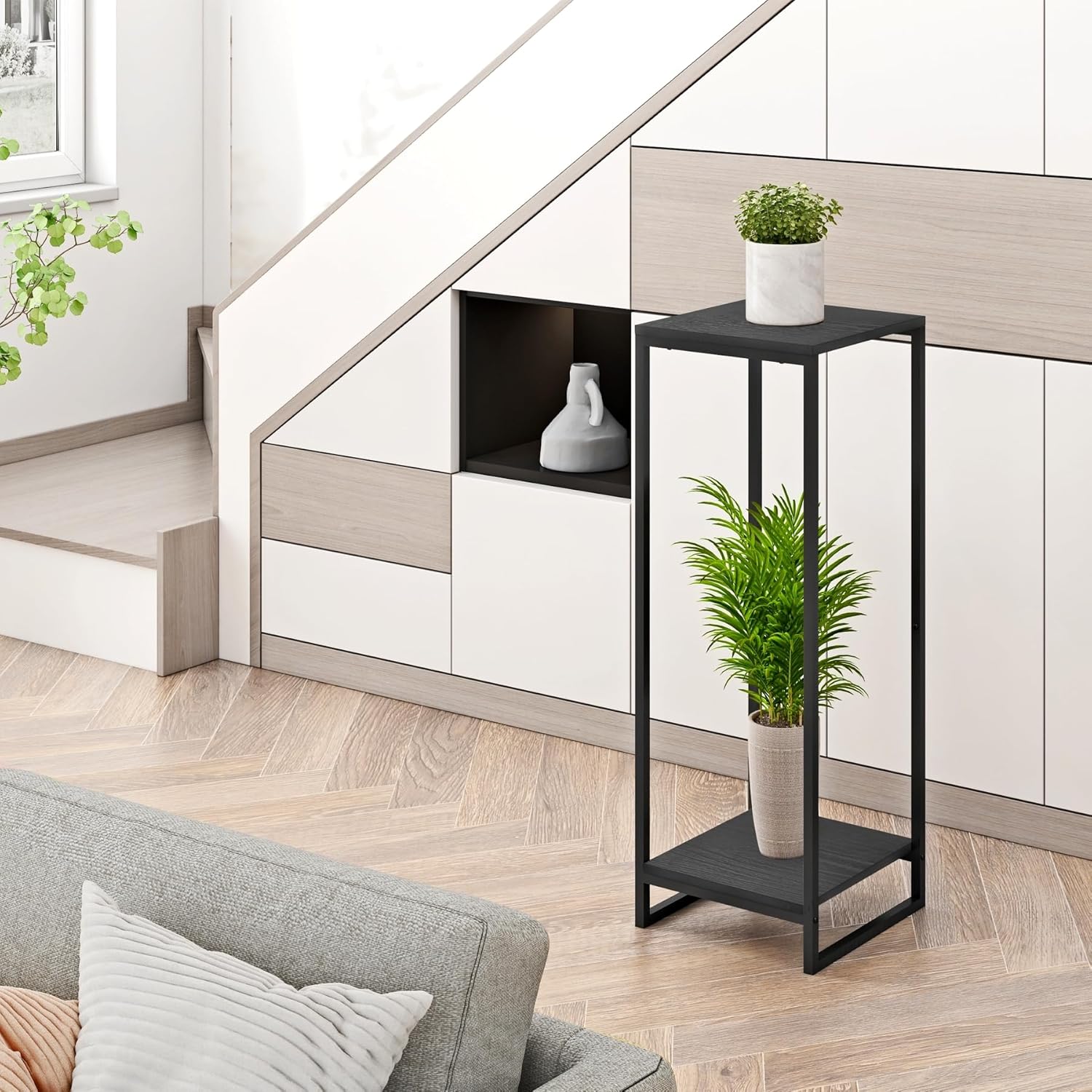 34" Tall Plant Stand Indoor, 2-Tier Modern Plant Shelf, Corner Flower Pot Holder Organizer for Living Room Balcony Patio Garden (Black)