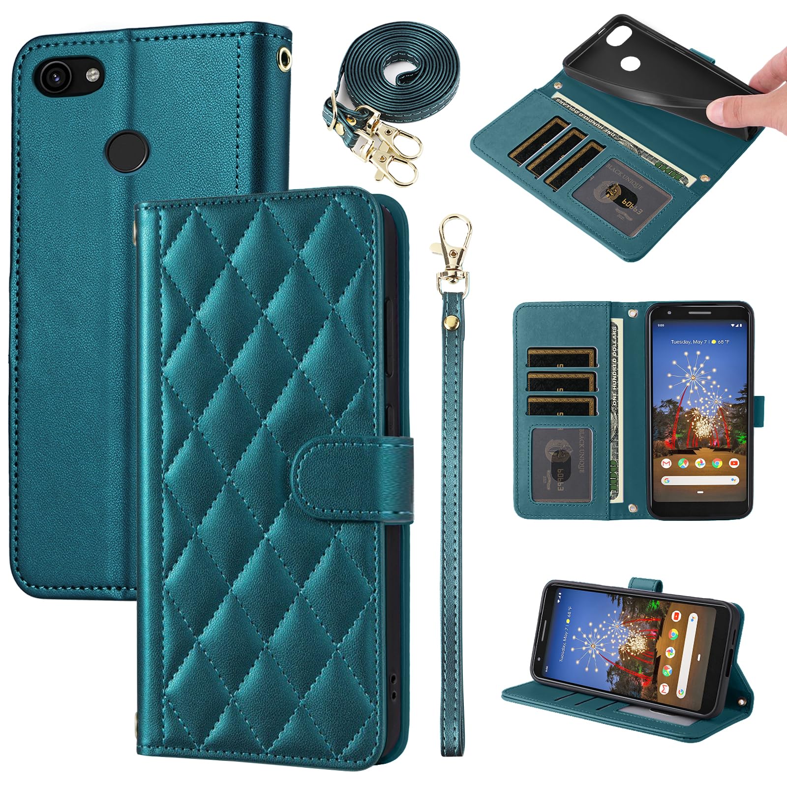 Furiet Argyle Wallet Case for Google Pixel 3a XL with Wrist Strap Shoulder Strap, Card Slots Folio Purse, Luxury PU Leather Stand Accessories Phone