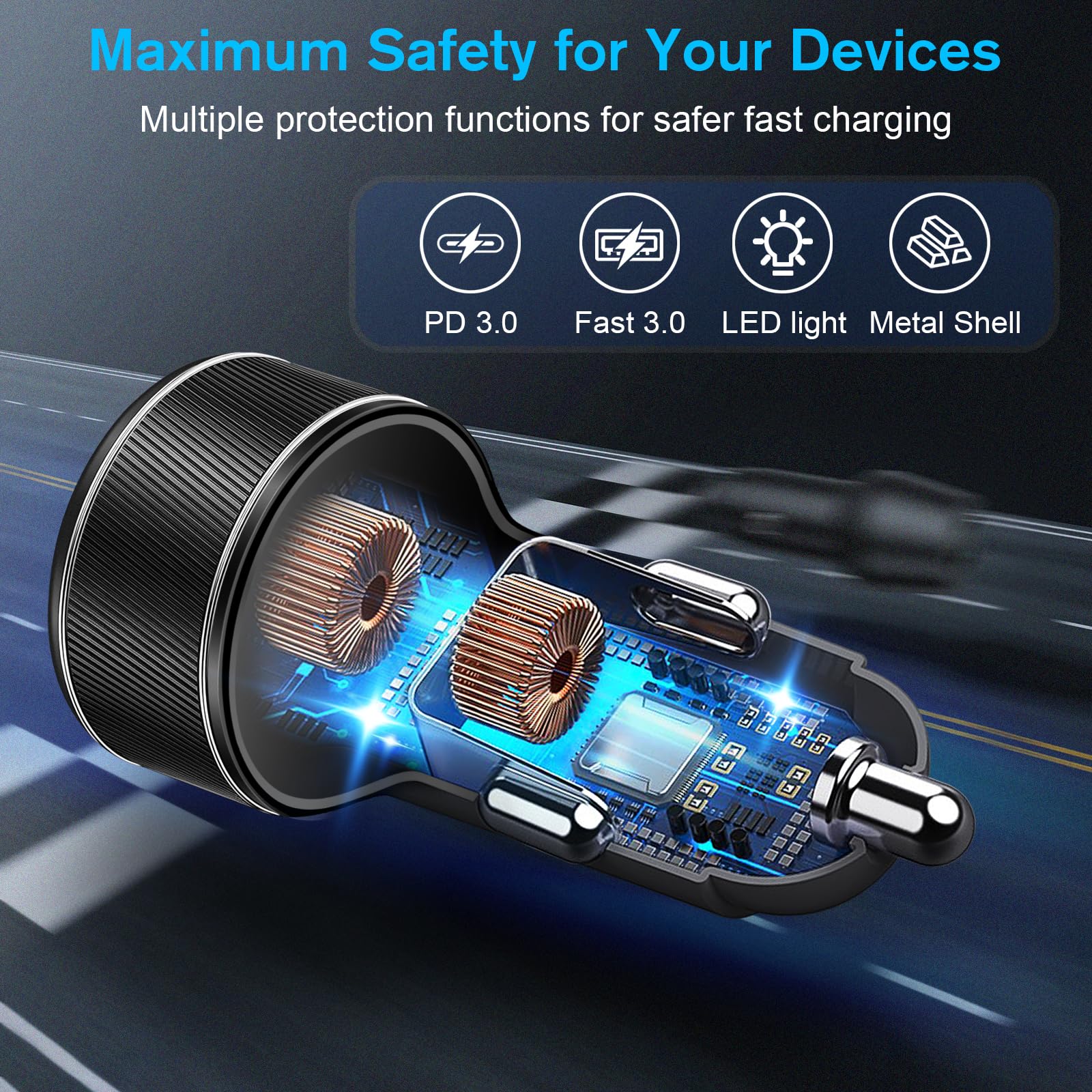 Canjoy Caricabatterie da auto USB C, 90 W, 4 porte, ricarica super veloce, doppio adattatore USB-C e USB-A da 45 W per iPhone 17, 16, 15, 14, 13, 12, iPad, Galaxy, tablet, Android (confezione da 2)