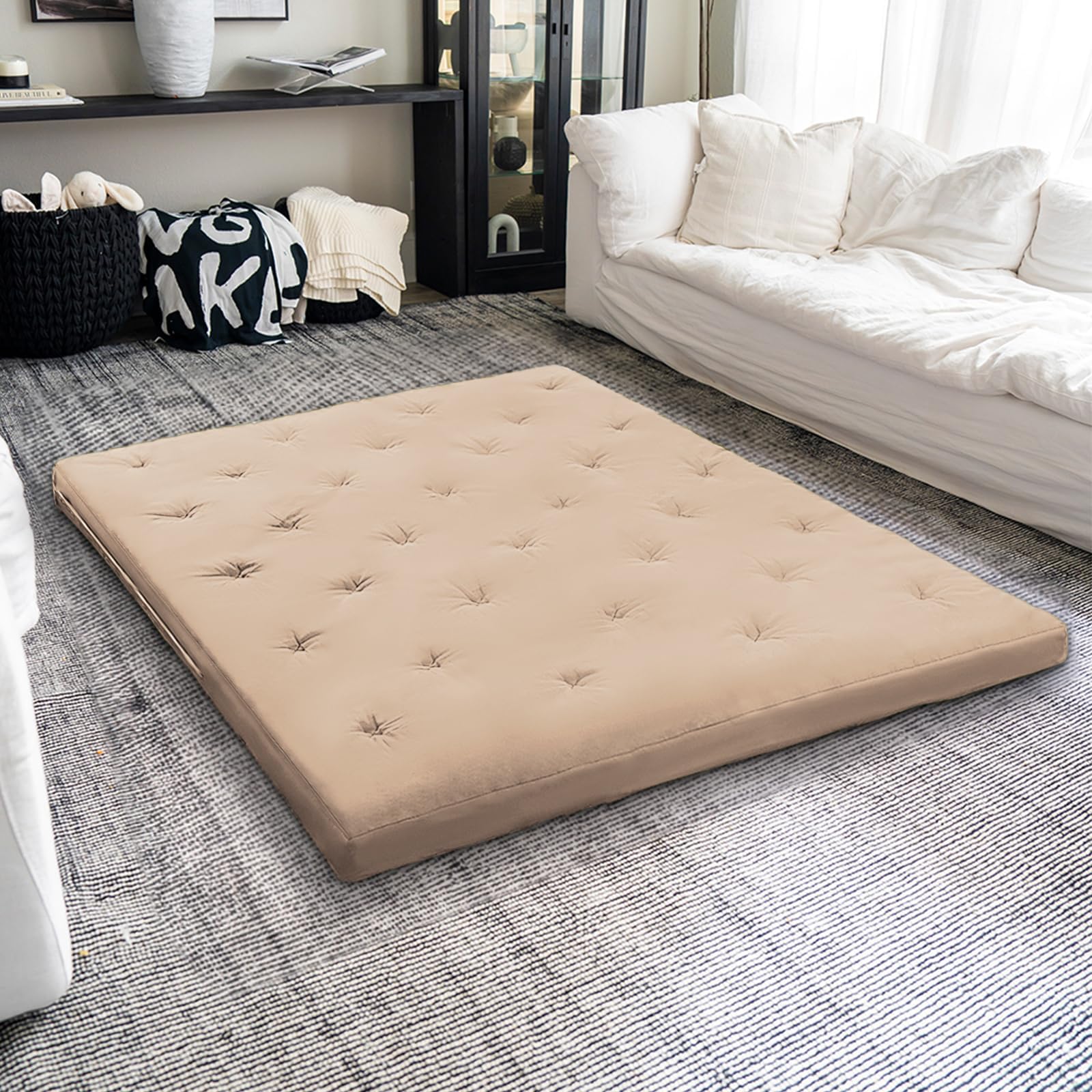 ZonLi Japanese Floor Futon Mattress Full Size 54"x 80",100% Cotton 4'' Thicken Tatami Mattress,Foldable Sleeping Pad,Portable Dormitory Tatami Mat,Roll Up Floor Lounger Bed for Adult (Khaki)