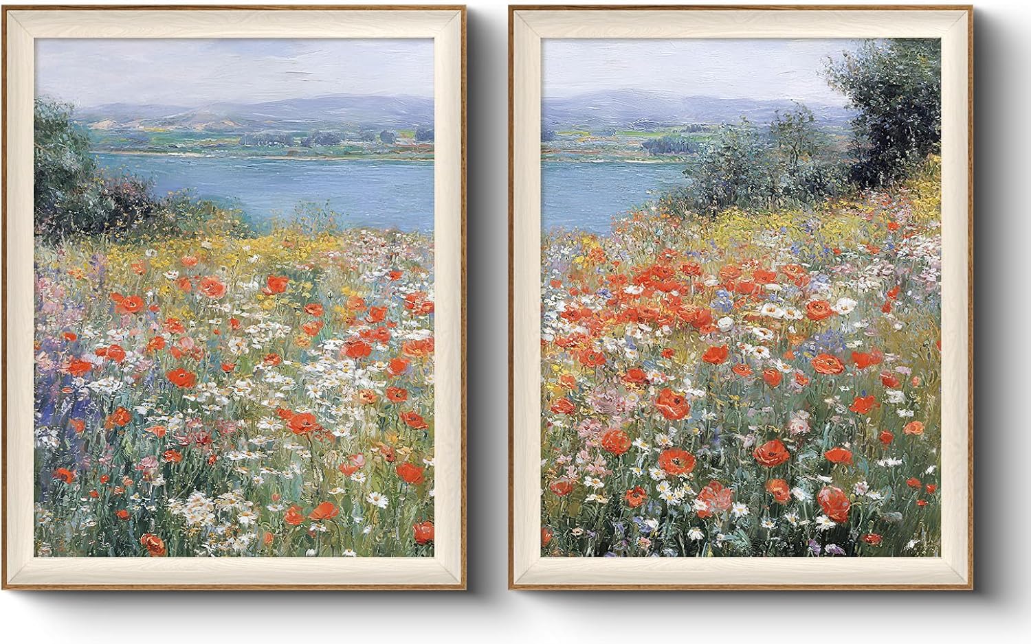 VIYYIEA Framed Impressionist Wildflower Wall Art Set of 2, Pastoral Poppies Landscape Canvas Painting Print, Vintage Nature Scenic Decor for Living Room Bedroom Office, 16x20 Inch