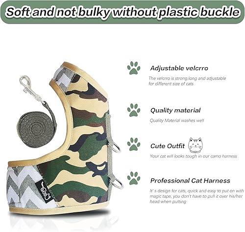 Miniatura 3 de Cat Harness and Leash Set for Walking Escape Proof, Adjustable Cat Vest Harness, Padded Stylish Cat Walking Jackets, Camo Green, Small