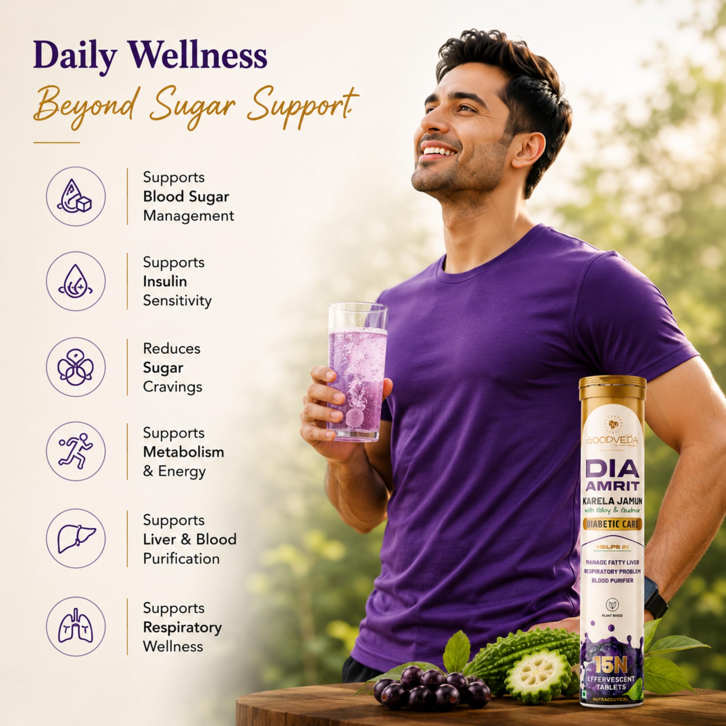 Ayurvedic Karela Jamun Effervescent Tablets with Gudmar Giloy Lemon Powder, Herbal Fizz Drink for Blood Sugar Metabolism Digestion Support, Glucose Balance Energy Wellness Formula, 15 Tablets 1