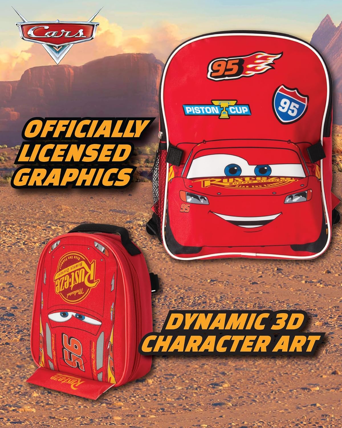 Fast Forward Cars Lightning McQueen Boys Backpack and Lunch Box Set - 14" Backpack with Lunch Box for Preschool Kindergarten, Cars Red