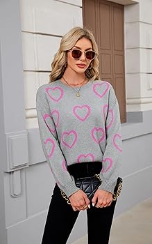 ECOWISH Heart Sweater for Women - Valentines Ribbed Long Sleeve