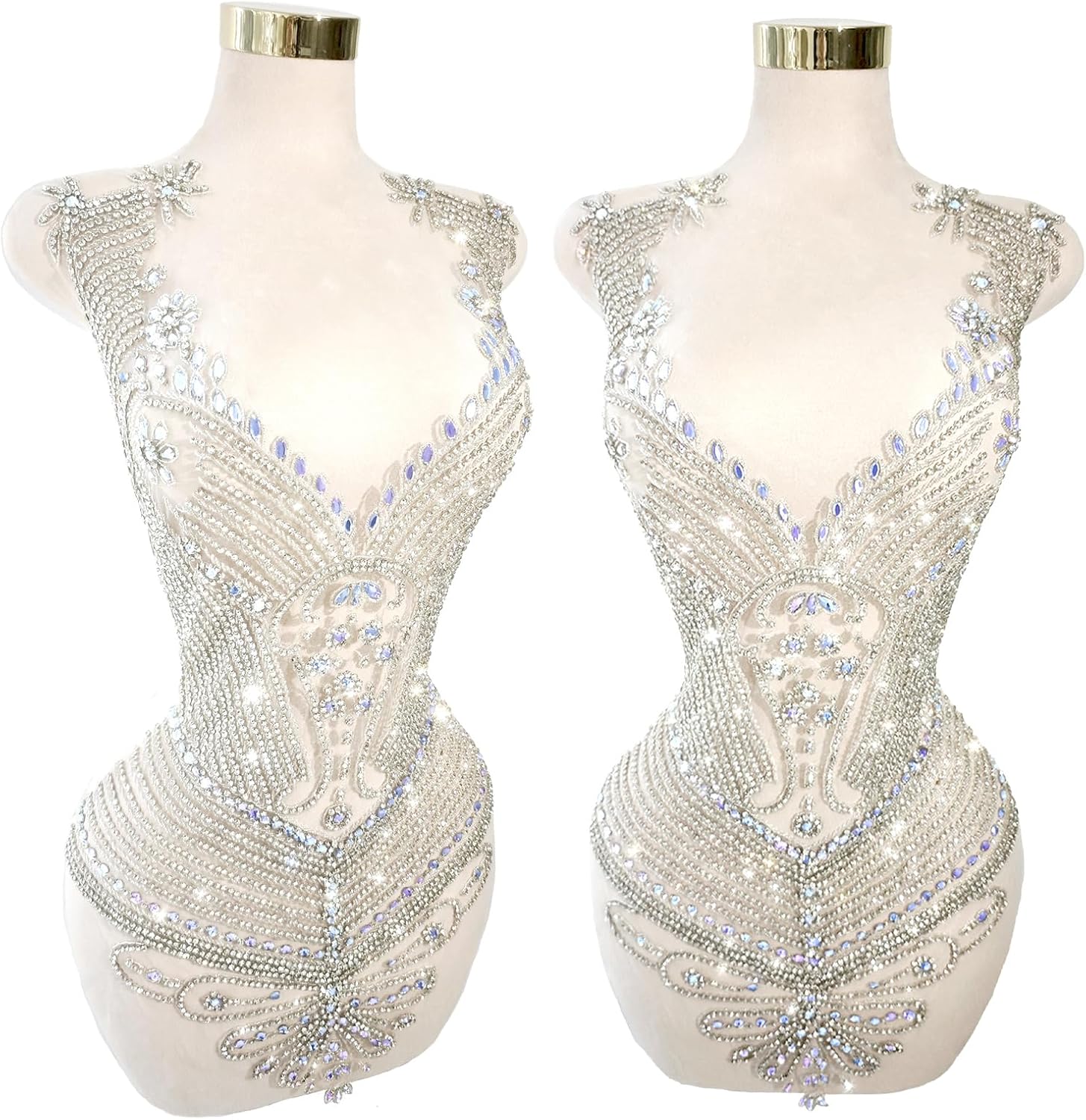 Large Bodice Lace Applique Sequin Rhinestones Fine Appliques Handsewing Crystals and Beads for Dress Clothes(L13-silverAB)