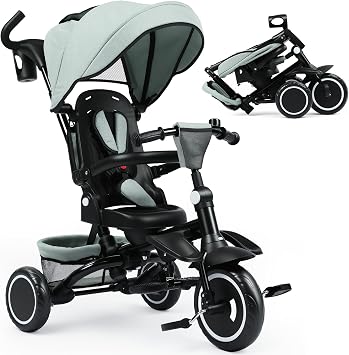 TODEFULL Folding Kids Tricycle, 8 in 1 Toddler Trike W/Removable & 1 Step Brake, Adjustable Canopy, Parent Handle, 5-Piont Harness, Toddler Bike Tricycle for Kids 1-6 Years, Storage Basket, Green