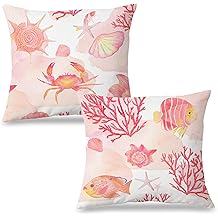 Pink Coastal Beach Pillow Covers 18x18 Set of 2, Beachy Room Decor Aesthetic, Ocean Coral Crab Fish Seashell Coastal Decorative Throw Pillow Covers for Home Bedroom Living Room