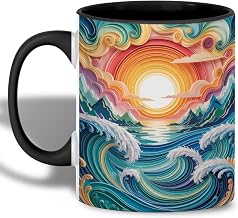 11oz Ceramic Mug - Ocean Sunrise 3D Artistic Quilling Style Waves Mountains Sun Design, Colorful Seascape Coffee Cup, Unique Nature Inspired Drinkware Gift for Relaxing Vibes