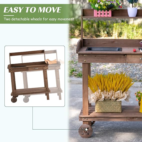 Wooden Potting Bench Work Table with Sink, Drawer & Large Storage Spaces, 2 Removable Wheels,Brown