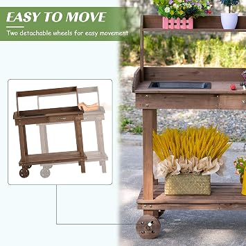 Wooden Potting Bench Work Table with Sink, Drawer & Large Storage Spaces, 2 Removable Wheels,Brown