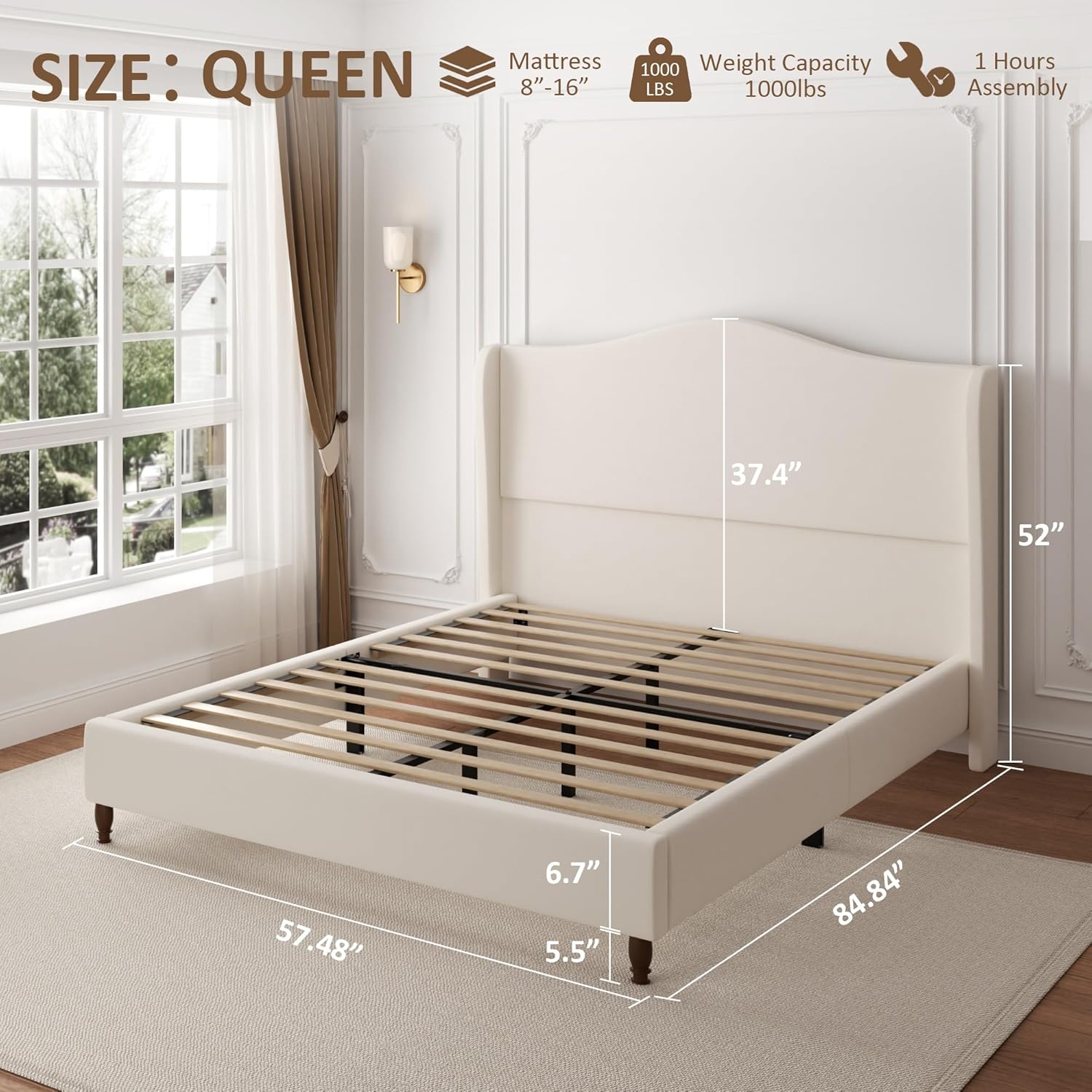 Queen Size Bed Frame with 52" Tall Headboard, Chenille Upholstered Platform Bed Frames with Classic Curved Wingback & Retro Wood Legs, No Box Spring Needed, Noise Free, Easy Assembly, Beige