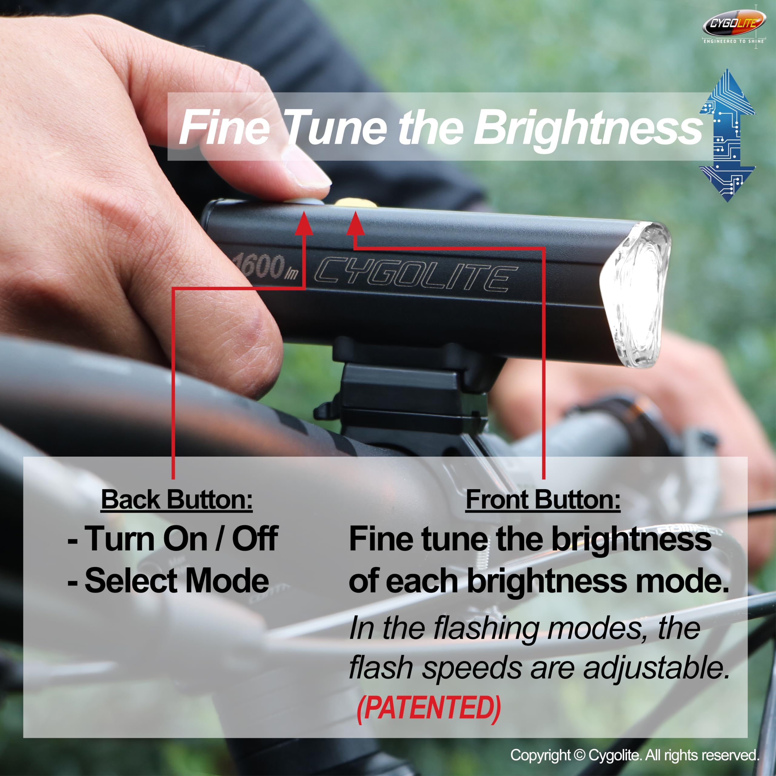 Cygolite Velocity Pro Lampe de vélo 1 600 lumens – Alliage d'aluminium anodisé – 9 modes d'éclairage – Luminosité réglable fine – Compact, étanche IP67 – Support rigide sécurisé – Recharge USB-C –