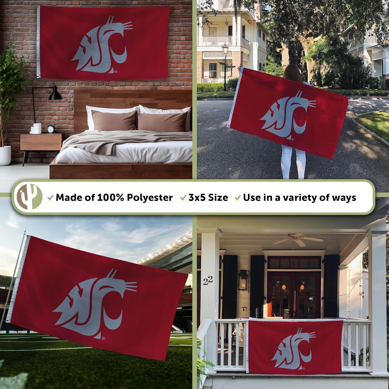 Desert Cactus Washington State University WSU Flag - 3 x 5 Feet Cougars Banner, Indoor/Outdoor Durable Fabric, 100% Polyester Design (Style 1) - Image 3