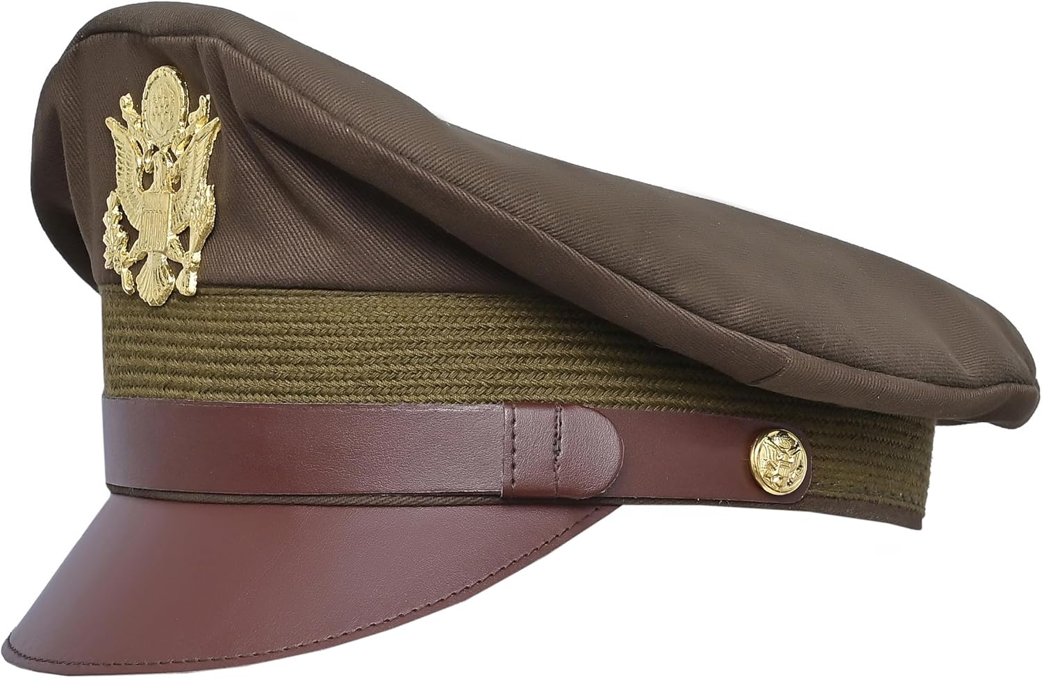 USA Army Olive Cotton Officer Peek Cap with Leather Chin Strap Metal Insignia 58cm