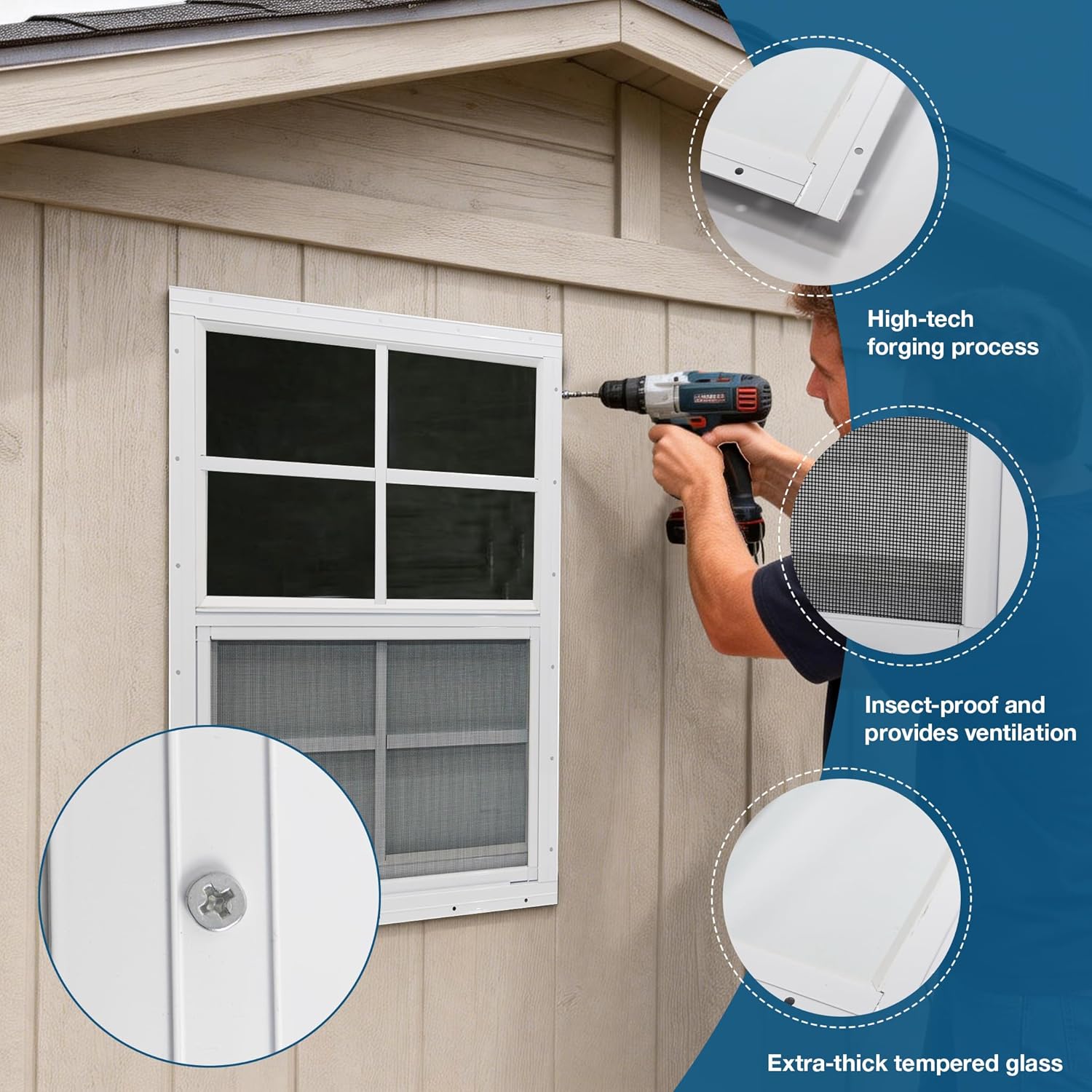 Yuzzy Shed Windows 2 Pack, Chicken Coop Windows 24" x 30" with Tempered Glass and Fiberglass Screen, Flush Mounted Small Window for Shed, Barns, Playhouse, Household, Garage (White)