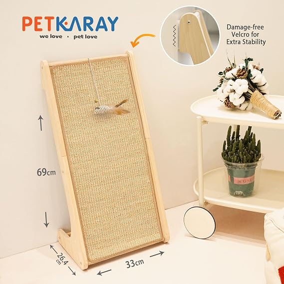 PETKARAY Dual-Use Cat Scratcher, 68cm High Scratching Board for Indoor Cats, Sisal Cat Scratching Post, L-Shaped Protecting Furniture Scratch Pad with Mouse Toy, Catnip