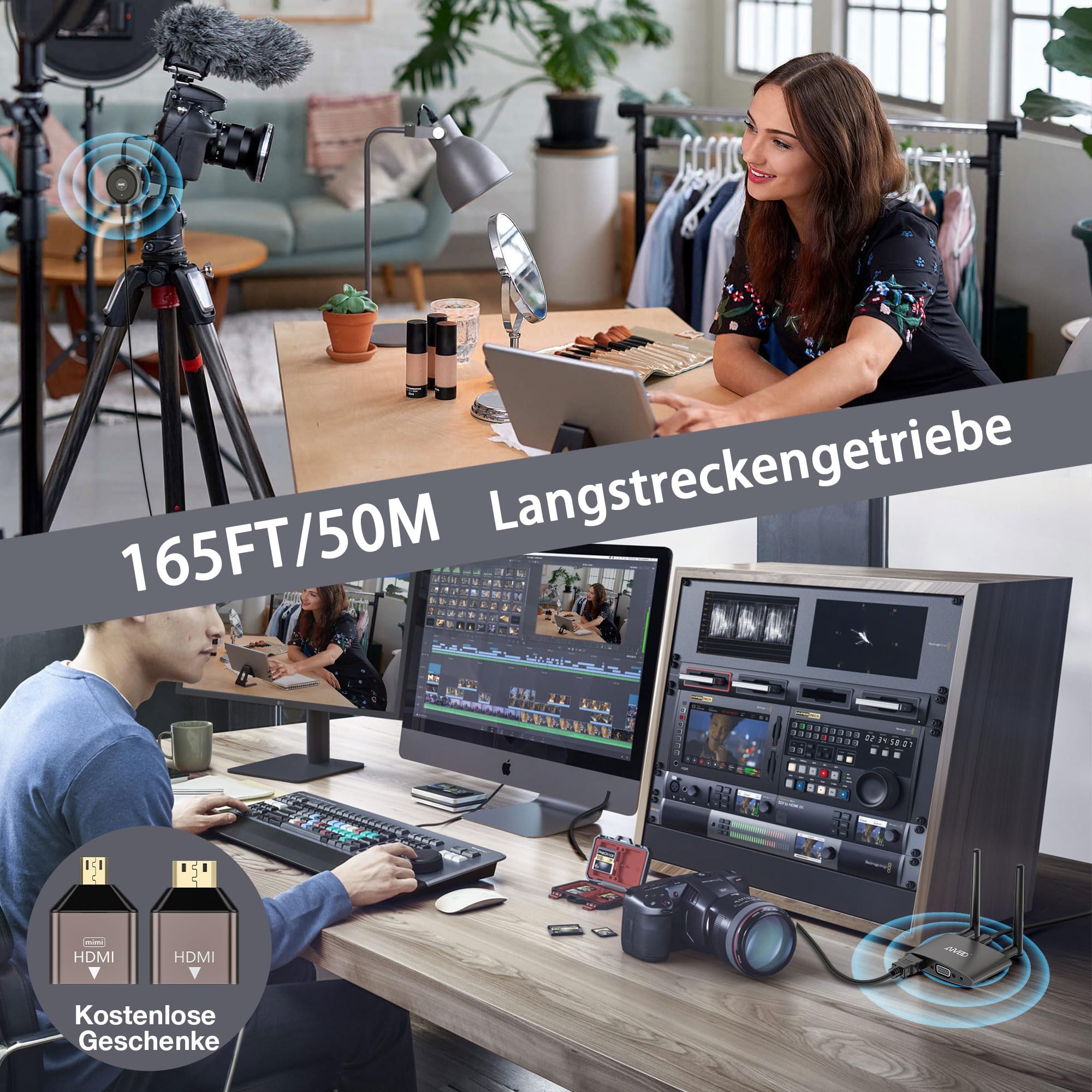 Wireless HDMI, 4K Dekodierung Wireless HDMI Sender & Empfänger,5GFunkübertragung HDMI1/VGA Dual Screen Extender von Laptop/PC/Kamera/Kabelbox auf HDTV/Projektor/Monitor,TikTok/YouTube/Netfix,164FT/50M