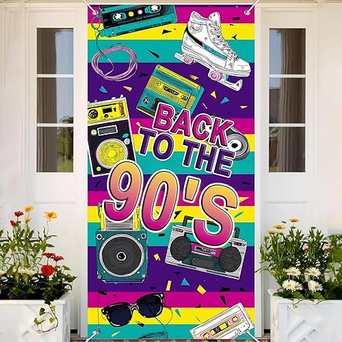 Miniatura 5 de Cartel de puerta de feliz cumpleaños de los años 90 de 35 x 71 pulgadas, cubierta retro para puerta de fiesta con reproductor de cassette, diseño de