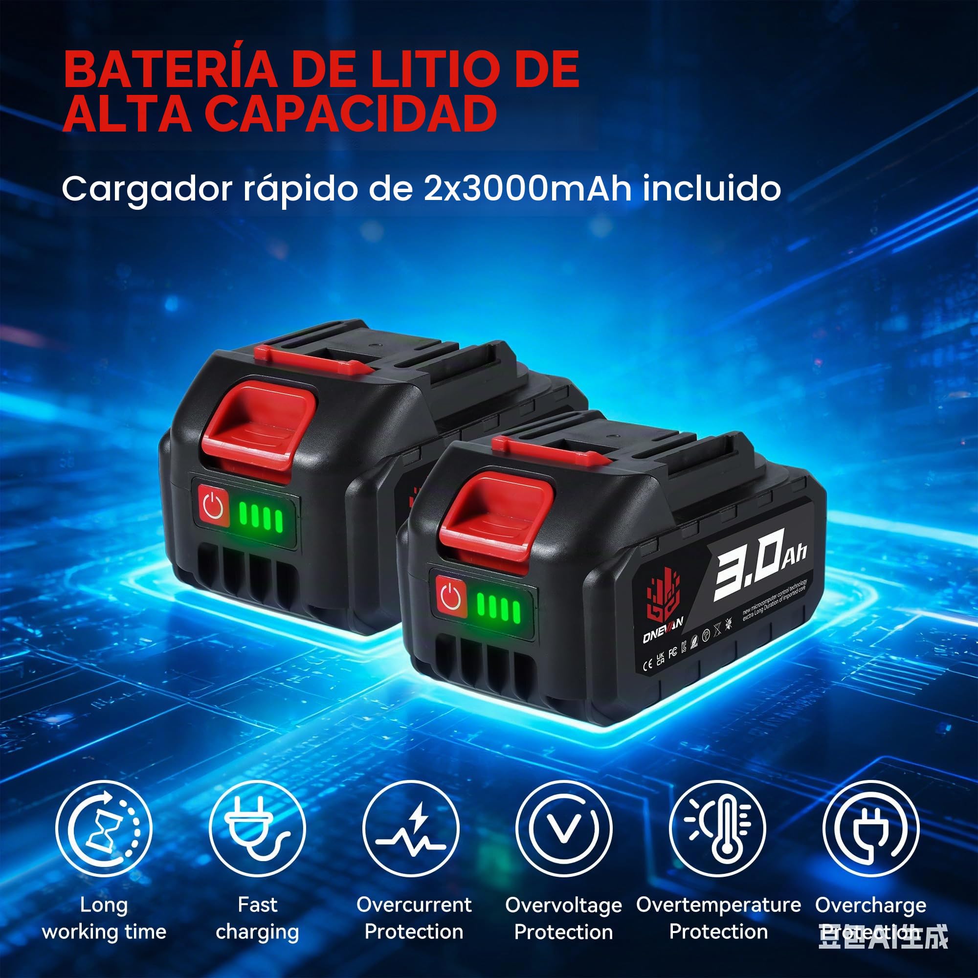 ONEVAN Cortasetos Telescópic & Motosierra Batería, 4 en 1, giratoria 180° | 2 baterías de 3,0Ah, pértiga extensible de 2,25m, motosierra de 6" y cortasetos de 30cm, sin escobillas, para poda en altura