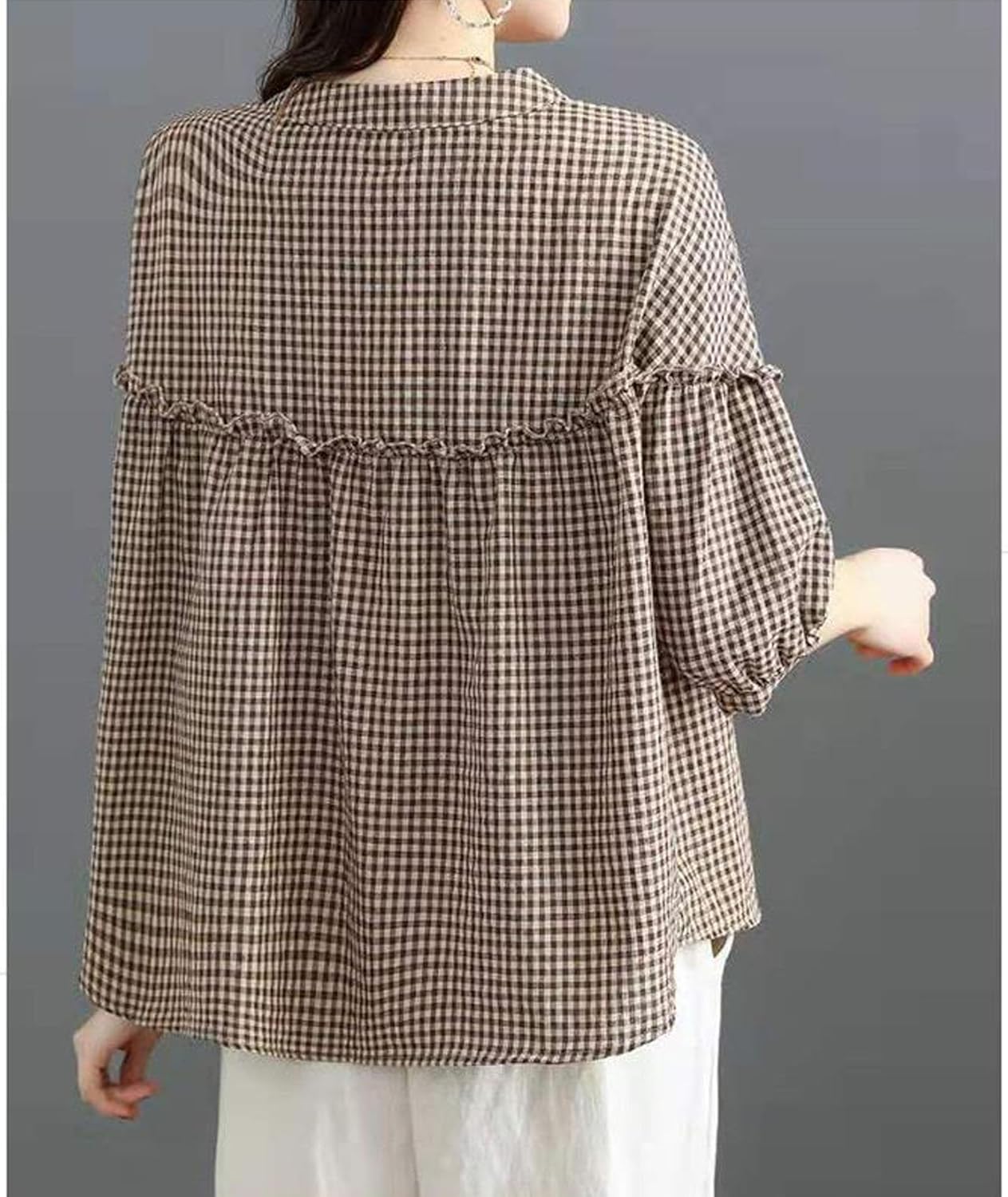 SOMTHRON Women's Casual Plaid Button Down Shirts Ruffle Trim Loose Fit 3/4 Sleeve Checkered Blouses Tops - Image 4