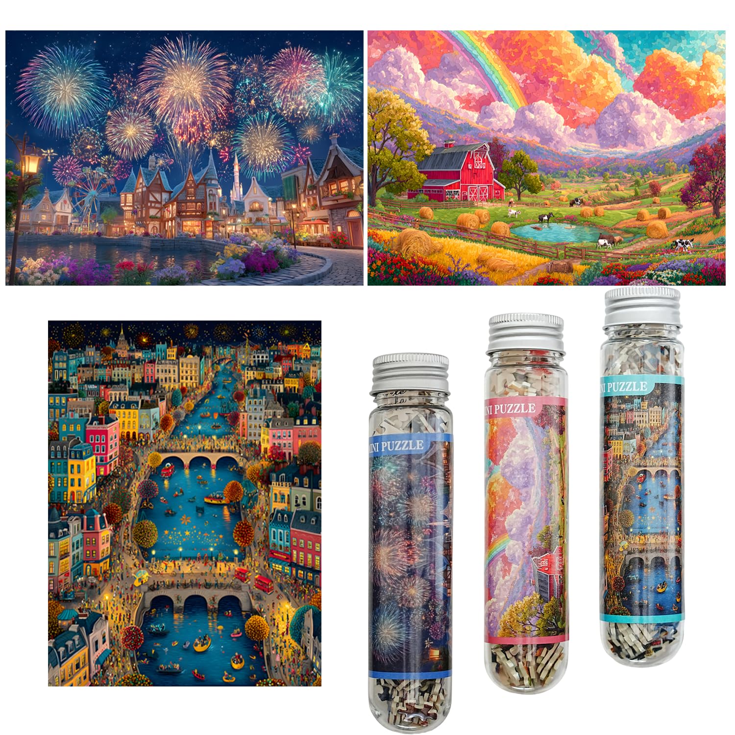 Luneko Small Jigsaw Puzzles for Adults Challenging Puzzle Small Puzzles Mini Jigsaw Puzzles 150 Pieces Micro Tiny Puzzle Fireworks Extravaganza Farm Night Town Travel Puzzles 6 x 4 inch 3 Packs