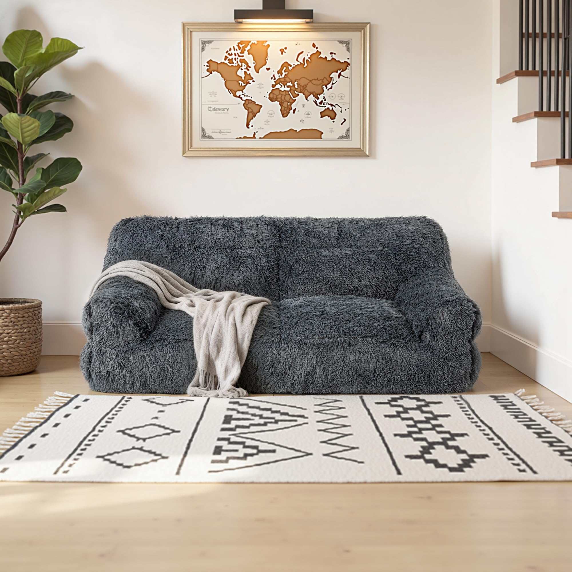 Pamapic Pouf Salon, Pouf Géant 2 Places avec Éponge de Remplissage, Fauteuil Salon en Fausse Fourrure, Doux et Confortable, Idéal pour Salon, Chambre, Design Ergonomique pour Adulte, Enfant, Gris