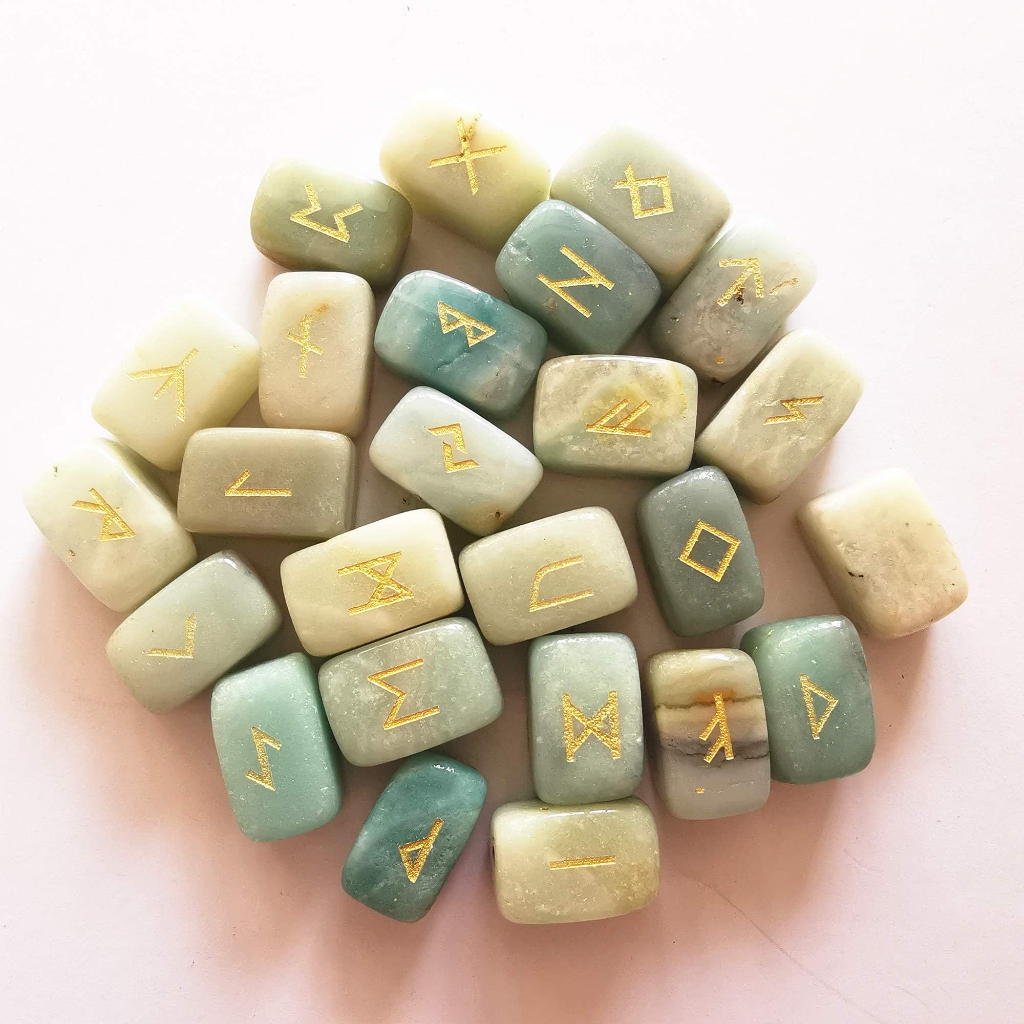 Bacatgem Natural Amazonite Polished Engraved Elder Futhark Alphabet Magic Lettering Crystal Rune Stones Set for Meditation Divination