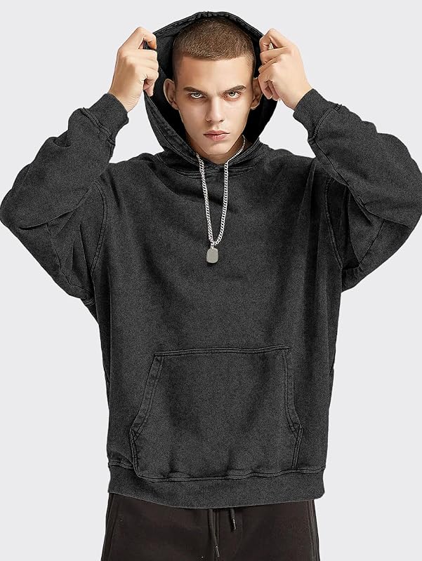 Ogfao Mens Oversized Hoodie Acid Wash Hoodies Vintage Sweatshirt Heavyweight Cotton Unisex Retro Pullover Streetwear Black L image 3