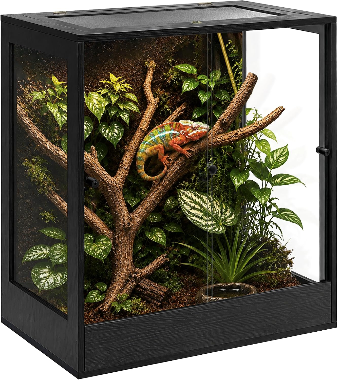 32" x 18" x 36" Tall Reptile Terrarium, 90 Gallon Glass Chameleon Cage, Vertical Crested Gecko Tank with Ventilated Mesh Top, Front Opening Rainforest Habitat, Black