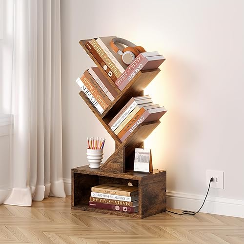 Miniatura 8 de Hoctieon - Estantería de 3 niveles con forma de árbol y luces LED, pequeña estantería con cajón, estantería de escritorio, organizador de