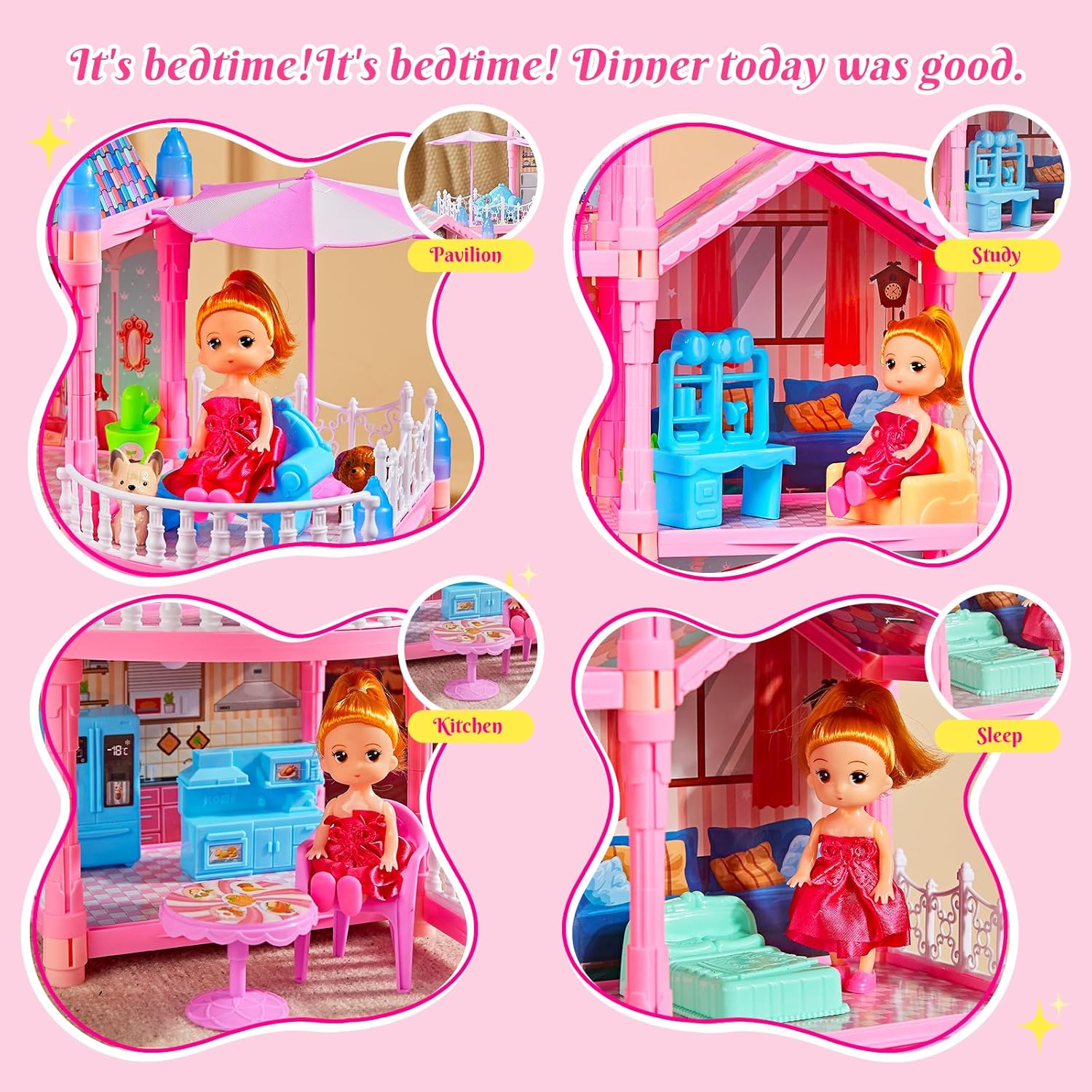 4-Story Doll House Large DIY Playhouse for Girls, Little Girl Dream House with Furniture, Animals Play Area & 2 Princesses Slide, Creative Construction Toy for Birthdays & Christmas