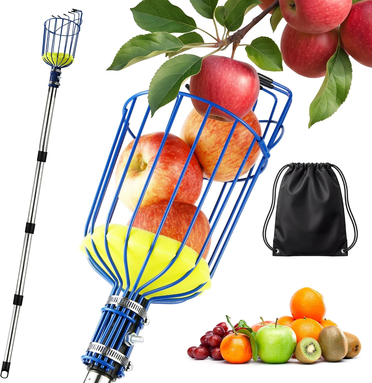 Fruit Picker Pole with Basket, 3.6-6FT Adjustable Fruit Grabber Reacher Tool, Stainless Steel Apple Picker Pole with Basket and Backpack, Cherry Apple Pear Lemon Avocado Orange Picker