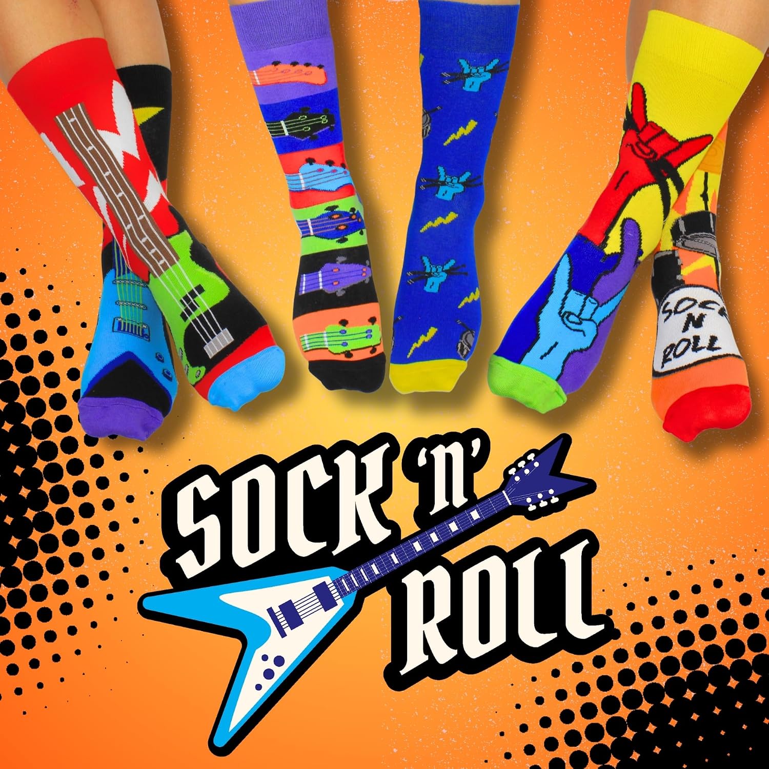 United Oddsocks Sock 'n' Roll Gift Box, 6 Colourful Rock Music Odd Socks for Men, Mix & Match Guitar Drum Band Novelty Socks, Cotton-Rich Crew Socks Gift Set for Men, UK 6–11, EUR 39–46, US 7–12