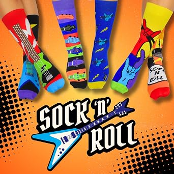 United Oddsocks - Çorap n Roll - 6'lı Kutu Renkli Karışık ve Eşleştir Rock and Roll Çorapları Erkekler için, UK 6-11 | EUR 39-46 | US 7-12. Eğlenceli ve İlginç Doğum Günü, Noel, Erkekler için Babalar 6-11