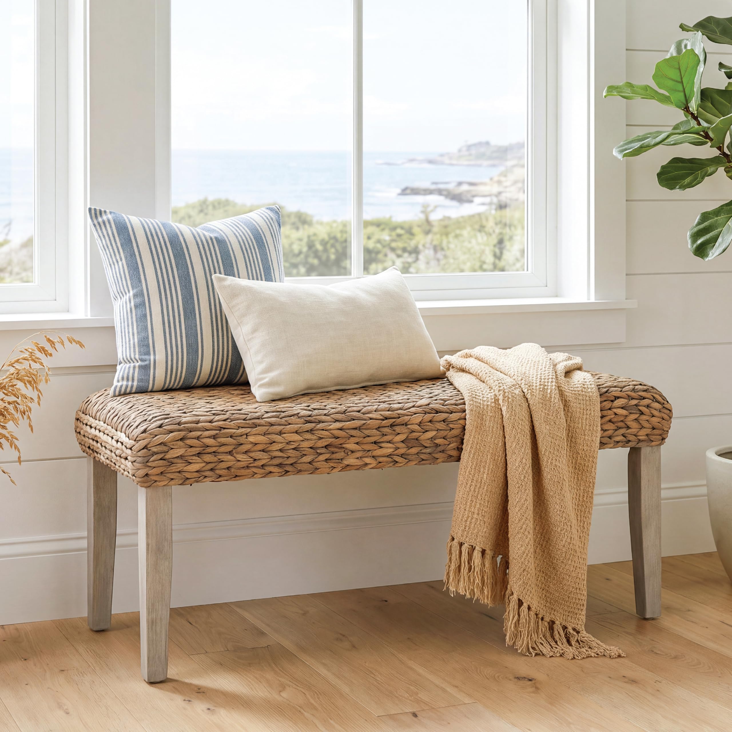 Solid Wood Acacia Indoor Bench, Natural Woven Water Hyacinth Seat, Grey Leg