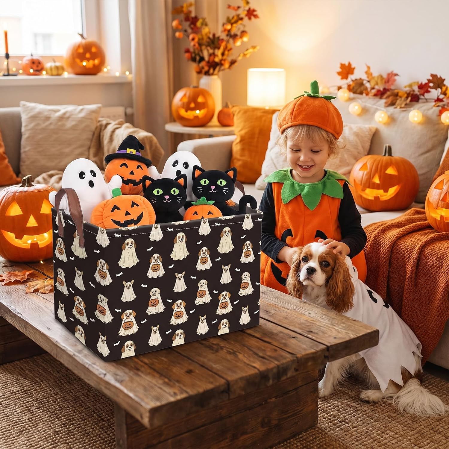 Halloween Dog Basket with Handles, Ghost Dog Collapsible Waterproof Storage Basket, Pumpkin Cute Spooky Boo Storage Box Decor for Kids Clothes Toys Room Home Office Books Gifts image 3