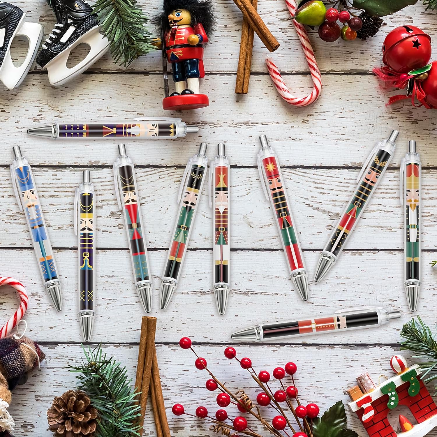 Jetec 100 Set Christmas Nutcracker Gifts Included Nutcracker Ballpoint Pens Soldier and King Retractable Pen with Have a Nutty Christmas Card for Xmas Party Favor