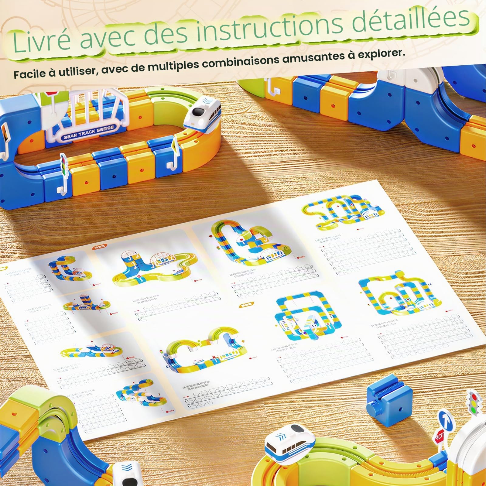 225 Pièces Train Électrique Klick-rail Avec 2 Petits Trains Circuit Flexible, DIY Cube Track Block Train avec Parcours 3D Defiant la Gravité, Chemin de Fer & Magic Rail Block,Cadeau Jouet pour Enfants