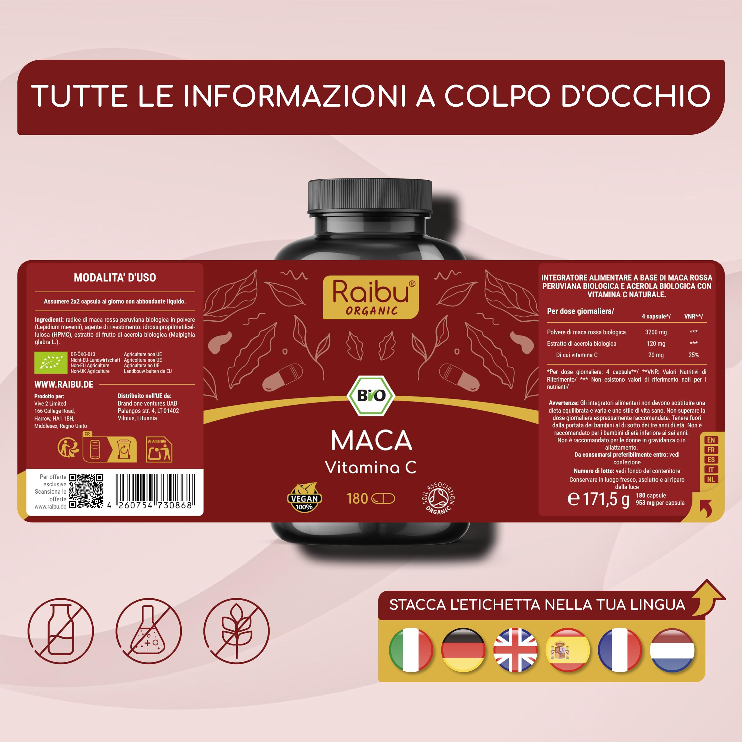 Maca Rossa Peruviana BIO - 180 capsule da radice di Maca Peruviana - Equilibrio ormonale per donna - 3.200mg per dose giornaliera (equivalenti a 12.800mg di radice del Perù) - Con vitamina C naturale