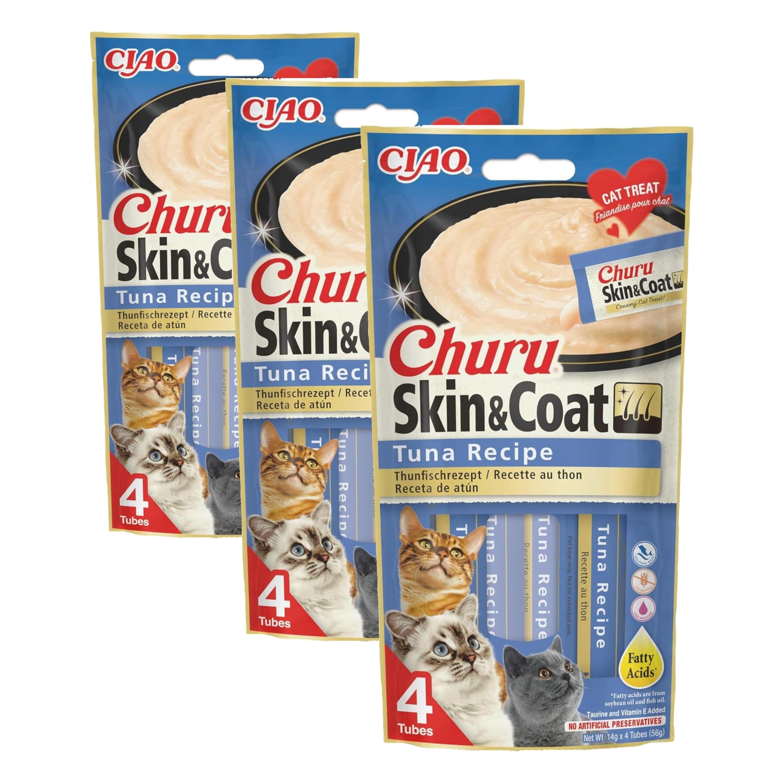 INABA Churu Skin & Coat - Thunfischpüree - Omega 3 & 6 und Taurin - Cremiger Textur - Katzenfutter für Haut & Fell - 4 Tuben x 14g (Packung mit 3)